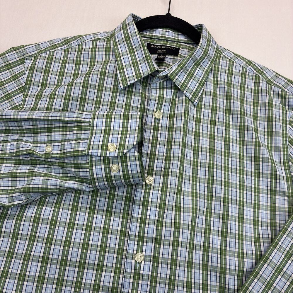 Banana Republic Men’s Dress Shirt Large Green Blue Plaid Non Iron Classic Fit